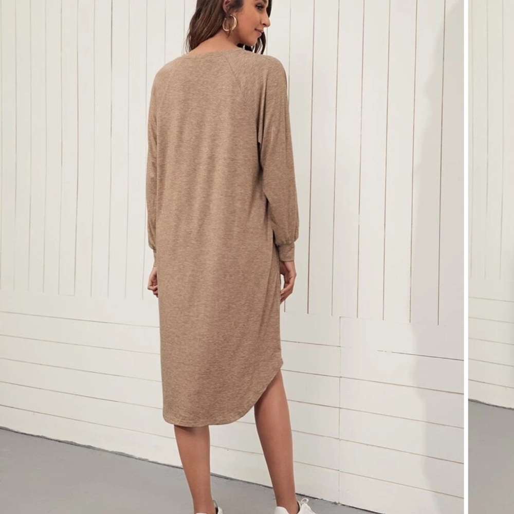 Marled V-neck Long Sleeve Tan Dress - Picture 3 of 5